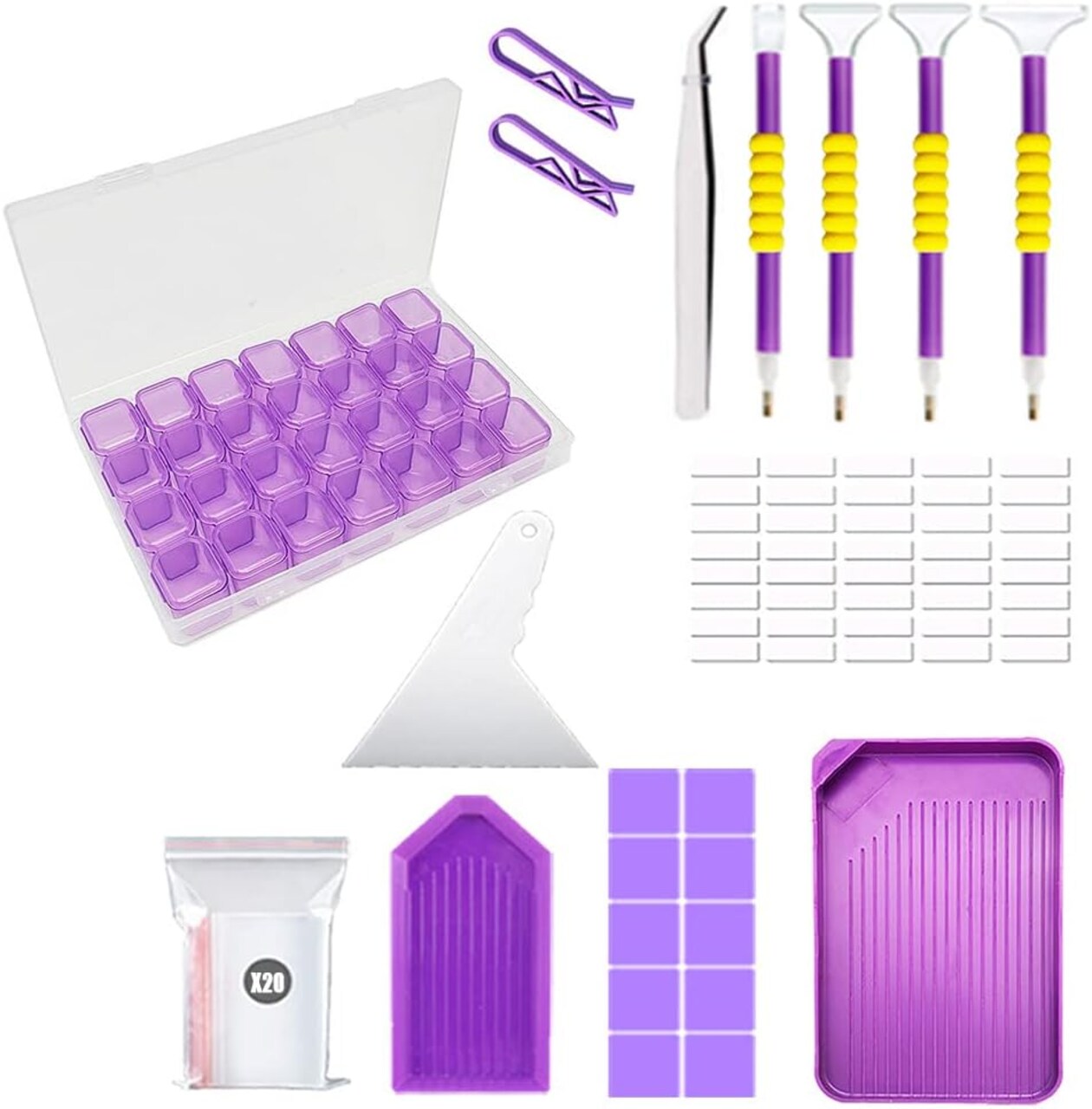 46-Piece Diamond Painting Tool & Accessory Kit – Multi-Size Pens, Tweezers, Glue, Correction Tools & 28-Grid Storage Box for Adults